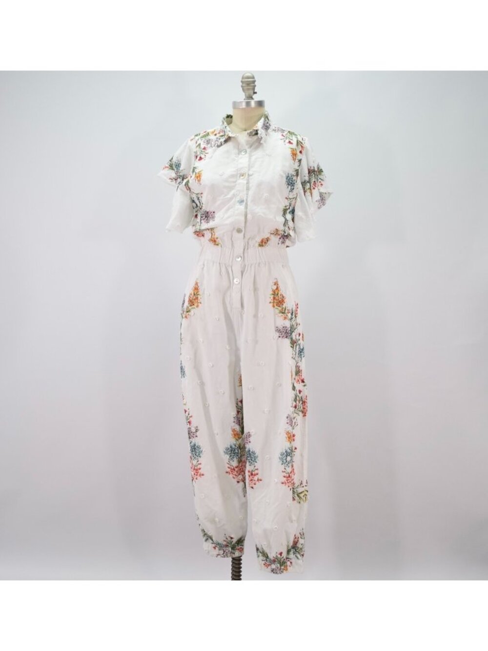 Farm Rio Boho White Cotton Floral Flutter Sleeve Jumpsuit